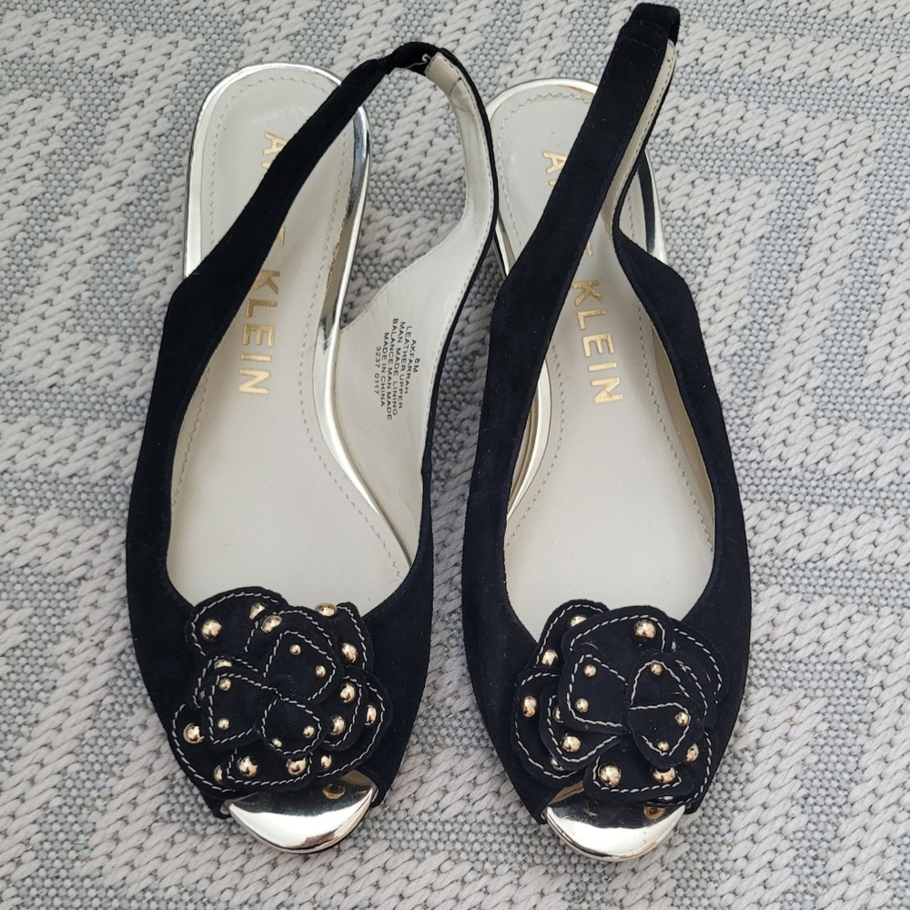Like New - Black Peep-toe demi wedge slingback Shoes with floral embellishment